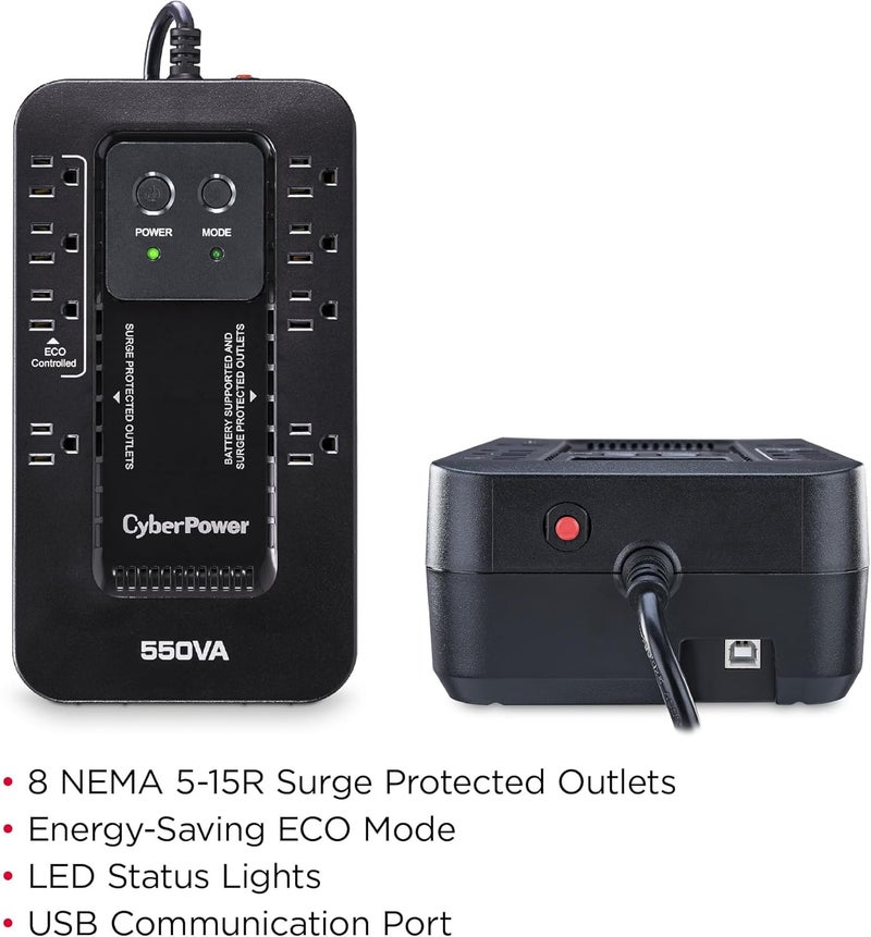 CyberPower EC550G بطارية احتياطية بيئية UPS وحماية من زيادة التيار، 550VA/330W، 8 مآخذ، وضع ECO، مدمجة، معتمدة من UL - Image 3